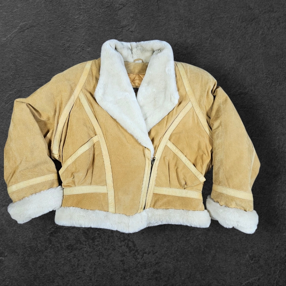 Wilsons Y2K Thick Grain Leather Tan Yellow White Faux Fur Bomber Moto Jacket L